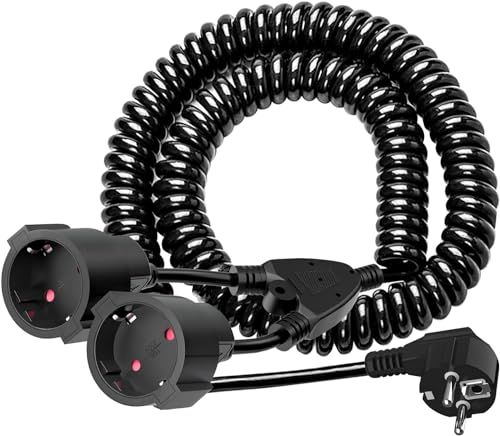 Schutzkontakt Spiralverlängerung, Schuko Verlängerungskabel with 2 Schuko Sockets, 3M Schutzkontakt Spiralleitung dehnbar von 0,9m bis 3 m Max, 230V/16A PVC Verlängerungskabel, Schwarz