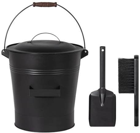 Todeco Secchio per Cenere in Metallo 19 L con Coperchio, Paletta & Spazzola, Resistente al Calore, Manico in Legno, per Camino, Stufa a Legna, Focolare, Barbecue e Campeggio, Nero