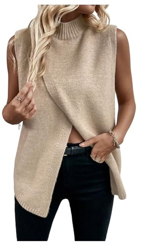 Verdusa Women's Sleeveless Sweater Vest Spring Business Casual Outfits Mock Neck Knit Pullover Sweaters Going Out Tops Khaki Large