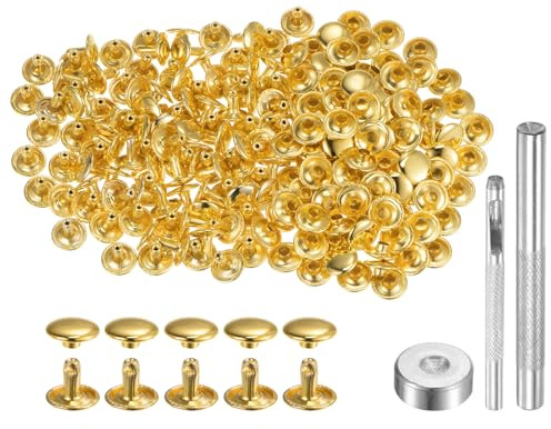 QUARKZMAN 100 uppsättningar lädernitar, 8 x 10 mm, metall, dubbellock, nitar, tryckknappar, nitar, förslutningar med 3 verktygsverktyg, nitar för läderhantverk, gör-det-själv, dekoration, guldton