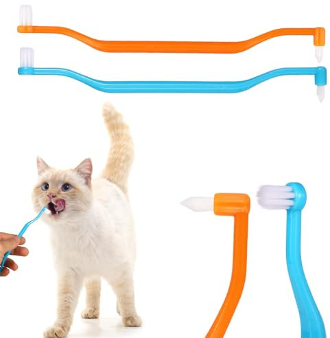 2stk Doppelseitige Katzenzahnbürste, 16x1,6cm Zahnreinigungsbürste für Katzen Mikrokopf Zahnpflege für Katzen zur Vorbeugung von Mundgeruch und Reduzierung der Zahnsteinbildung (Blau, Orange)