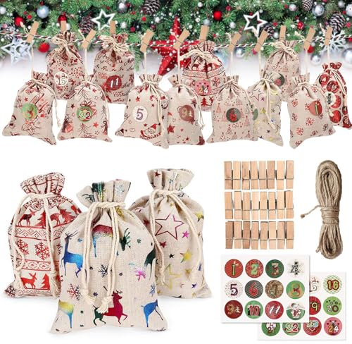 Calendario dell'Avvento natalizio per 24 giorni, con sacchetti glitterati fai da te, set di decorazioni per le festività