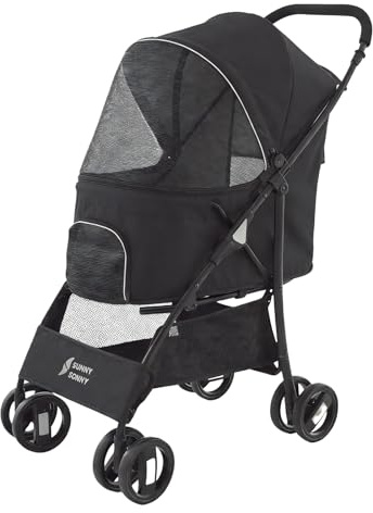 Sunny Sonny Pet Stroller for S/M Dogs & Cats up to 15kg, Kid Stroller，Foldable Portable Travel Carrier with Swivel Wheels, Rain Cover, Large Storage Basket, Zipper Entry & Safety Design (Black)
