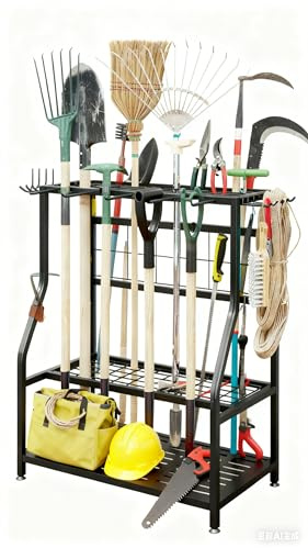 YIZAIJIA Garden Tool Organizer Holder Heavy Duty Steel Rack Up to 60 Long Handled Tools for Garage Shed Outdoor Garden Yard Black