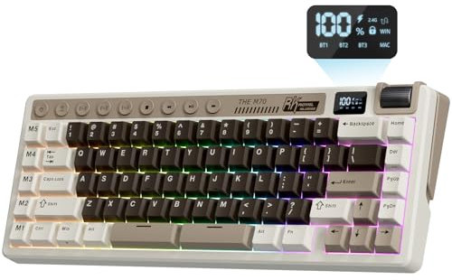RK ROYAL KLUDGE M70 Wireless Mechanical Keyboard with Macro Keys 2.4GHz/Bluetooth/Wired 75% Gaming Keyboard with 6000mAh Battery Gasket-Mount Display & Knob Hot-Swappable US Layout Linear Cream Switch