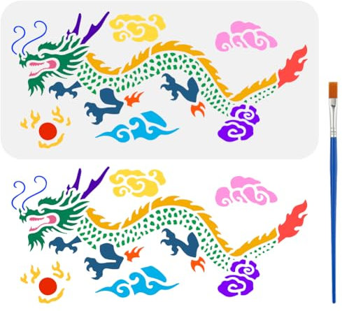 FINGERINSPIRE Pochoir de Bordure de Dragon Avec Un Pinceau 30X15cm Grand Pochoir de Dragon Chinois Pochoir de Peinture de Nuages de Bon Augure Pochoir Perle de Dragon pour Carrelage Mural Sol Meubles