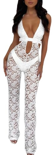 Loalirando Combi Femme Bodycon Combinaison Ensemble Femme Sexy avec Découpe en Dentelle Transparente Bodycon Sans Manches Jumpsuit Dos Sans Dos Slim Fit Élégant, Blanc, S