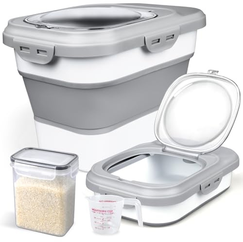 Komzon Rice Storage Container, Collapsible Airtight Food Storage Containers 6-20 Lbs, Rice Dispenser with Measuring Cup and Small Bin for Flour Cereal Pasta Grain, Cat Pet Dog Bird Food Container