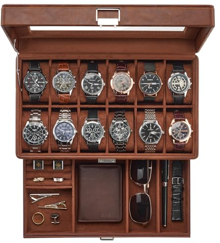 ProCase Estuche para Relojes, Caja Organizadora de 12 Ranuras y 2 Niveles con Tapa de Cristal, Cuero sintético premium, Almohadillas y Forro de Terciopelo, Porta Relojes para Hombre – Marrón