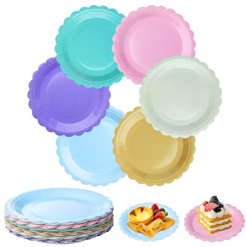 Surflyee 60 Platos de Papel con Bordes Florales, 7Inch de Cartón Colores para Boda, Cumpleaños, Picnic, DIY