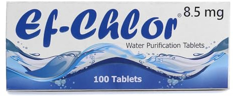 Ef-Chlor Water Purification Tablets 8.5 mg – 100 Tablets – Treats Up to 200L – Camping, Travel, Emergency Use – Purifies Cloudy or Clear Water in 30 Minutes