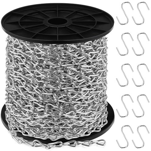 Yaocom 150ft Silver Jack Chain with 10 Pcs S Hooks Galvanized Steel Twist Chain with Spool-weldless for Hanging Fixture, Bird Feeders, Overhead Lights, Artworks, Flowerpots(2mm)
