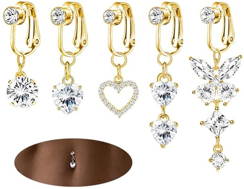 SIXDUTON 5 stycken hängande falsk navelpiercing för kvinnor, allergivänligt kirurgiskt stål, navelpiercing klämma med zirkoniumhänge, mycket lämplig för strandkläder, En Storlek, rostfritt stål, Ingen