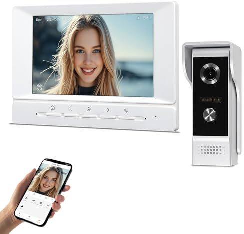 QttyElok Videoportero WiFi 4 Hilos, 1080P HD Timbre con Cámara Sistema de Intercomunicación con 7 zoll Monitor, Versión Nocturna, Audio Bidireccional, Tuya App Desbloqueo Remoto
