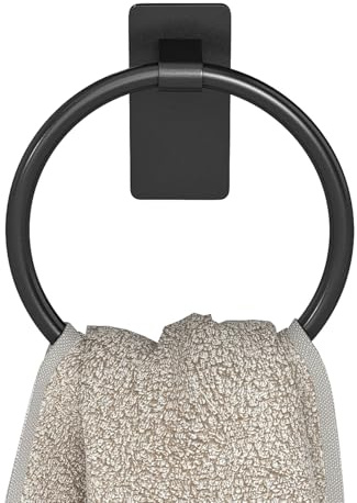 STWWO 6.6″ Self Adhesive Hand Towel Holder & Ring 304 Stainless Steel Black | Bathroom Accessories for Bath RV Kitchen, Rustproof, No Drill Hole, Easy to Install, Strong Adhesive Pad, for Smooth Tiles