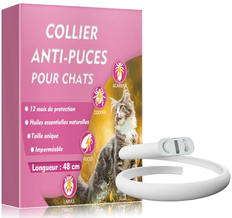 Collier Anti Puces Chat, Réglable et Imperméable, 48 cm