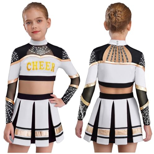 YiZYiF Girls' High School Cheer Leader Costume 2 Piece Crop Top Skirt Long Sleeve Stage Suit Cheerleading Uniform Ivory 14 Years