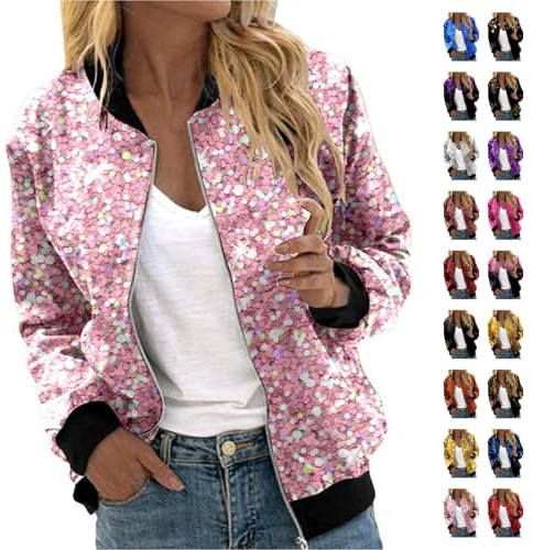 Glitter Jacket Women's Bomber Jacket Sequins Bomber Jacket Sequin Jacket Slim Fit Long Sleeve Front Zip Coat Elegant Short Jacket Festive Disco Outfit Party Carnival Costume