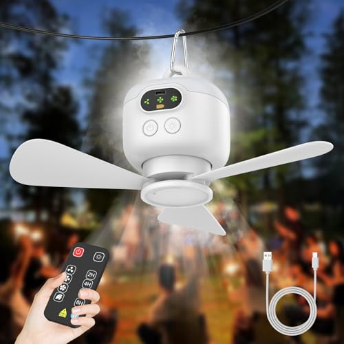 Vulaop Ventilatore da soffitto USB con luce, batteria da 8000 mAh, ventilatore da campeggio con telecomando, ventilatore a sospensione silenzioso a 3 velocità, ricaricabile per tenda da campeggio