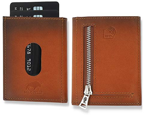 NEU: SOLO PELLE® Slim Wallet mit Münzfach [12 Karten] Slimwallet Riga [RFID-Schutz] Kartenetui mit Münzfach [Leder] Smart Wallet für Männer und Damen (Cognac Braun)