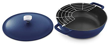 Zakarian x Dash Nonstick Cast Iron Braiser - Oven-Safe Pan with Cast Iron Lid - Features Titanium Ceramic Coating - Easy to Clean - Blue, 4.5-Quart