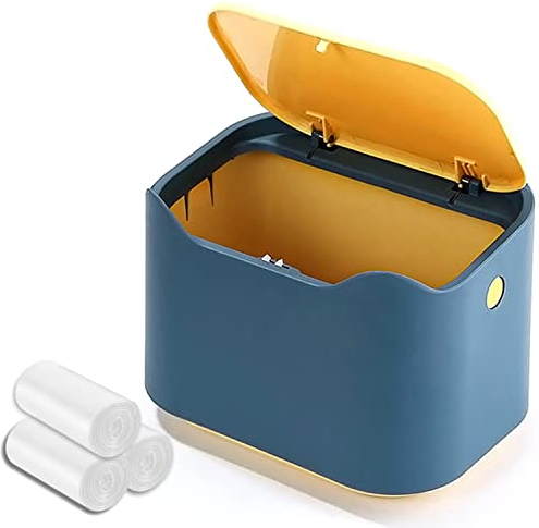 Small desk bin mini waste bin with lid kids dustbin trash can for classic desk, desktop, bedroom, office table top bin in blue and yellow color YAGGOOD