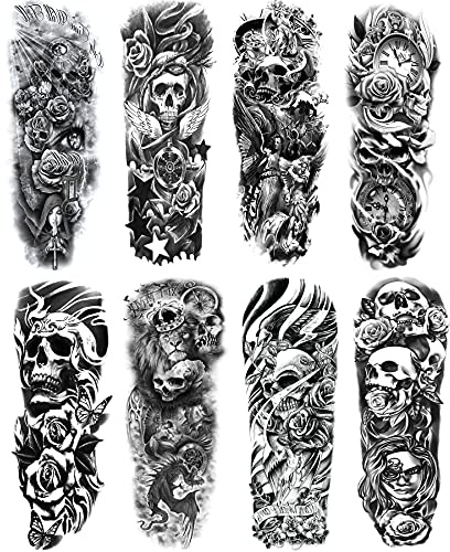 Skull Sleeve Tattoo Stickers Fake Black Skull Full Arm Temporary Tattoos Sleeves for Adult Kids Women Makeup, 8-Sheet