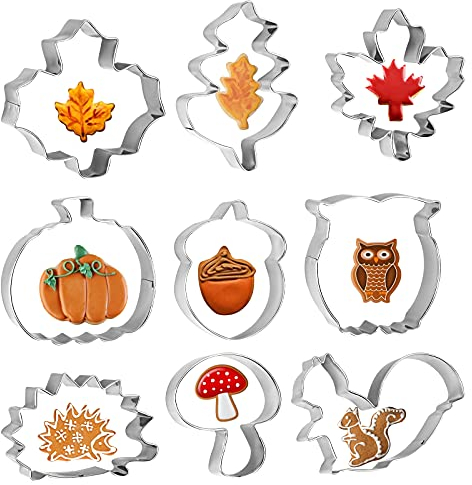 WEDNOK 9pcs Herbst Ausstechformen Erntedankfest Ausstecher Blätter Keksausstecher Edelstahl DIY Plätzchenausstecher mit Ahornblatt Eichenblatt Eichhörnchen Eichel Igel Kürbis für Keks Fondant Backen