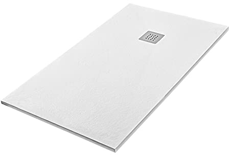 Piatto doccia marmoresina con effetto pietra serie Karen, in diverse dimensioni e colori, spessore ultraslim 3 cm, riducibile su misura, COMPLETO di kit scarico (75x120, Bianco)
