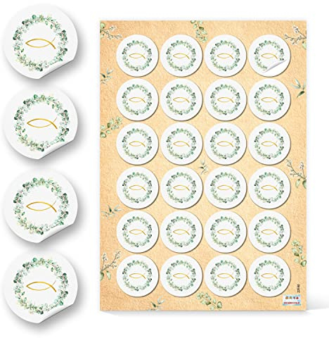 Pegatinas comunión redondas con pez dorado y eucalipto, Set de 24: pegatinas personalizadas para bautizo, confirmación, comunión y boda, decoración para tarjetas, libros de firmas y regalos, Ø 4 cm