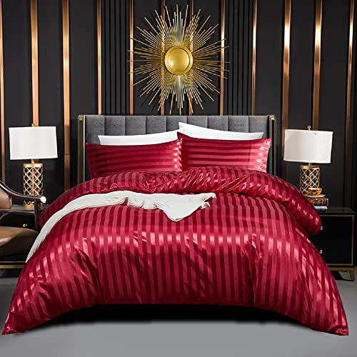 Luofanfei Satin Glänzend Bettwäsche 135x200 cm 4teilig Weinrot Rot Gestreifte Glanzsatin Bettwäsche Set Seide Uni Glatt Luxus Bettbezüge Einzelbett mit Reissverschluss und Kissenbezüge 80x80
