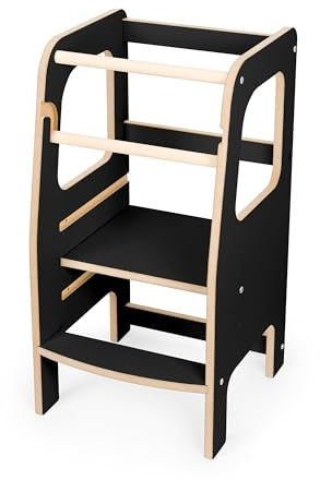 Montessori Lernturm ab 1 Jahr- Learning Tower - Lernstuhl - Tritthocker mit 2 Stufen & verstellbaren Fachböden - Tritthocker Kinder - Küchenhelfer - Hochstuhl Kinder - Schwarz
