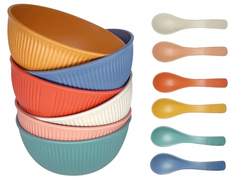 Ulrikco 6 pcs Unbreakable Plastic Bowls Set with Spoons - Colorful Cereal Bowl Soup Bowls for Adults & Kids Safe for Dishwasher & Microwave, Reusable Serving Bowl for Kitchen, Camping, Parties (655ML)