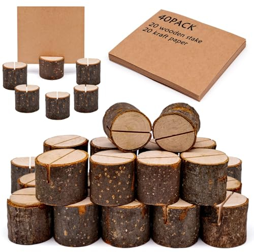 Fahibin 40 Stück Set Rustikale Holz Tischkartenhalter,Menükartenhalter Tischkartenhalter Holz,Rustikale Karten Halter Fotos, für Memo, Postkartenhalter (20 Halter + 20 Papierkarte)