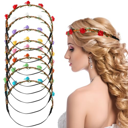 Andibro 8 Stück Stirnband Blumen, Rosenpapier Blumen Stirnband Mehrfarbig Haarband Blumenkrone Girlande mit Elastischem Band Florale Hochzeits Kopfbedeckungen für Damen mädchen Braut Festival Party