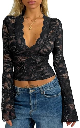 APRROOT Lace Long Sleeve Tops for Women Black Lace Going Out Top Deep V Neck Bell Sleeve See Through Sheer Y2K Crop Tops Black1 XL