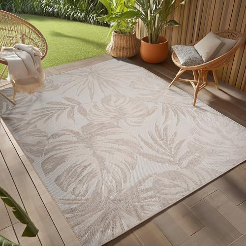 Teppium Outdoor Teppich Beige 120x170 cm, Wetterfest & UV-beständig, ideal für Küche, Balkon, Terrasse, Garten auch Wohnzimmer und Esszimmer, Palmblätter-Design
