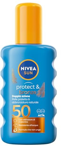 NIVEA SUN Spray Protect & Bronze SPF 50 200 ml, Crema solare 50 spray abbronzante corpo, Protezione solare 50 con attivatore di Melanina acceleratore abbronzatura, Resistente all'acqua, Non unge