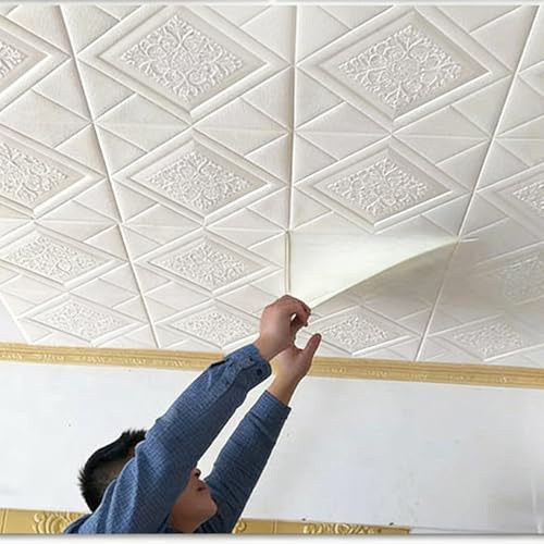 Pannelli Soffitto Boiserie Parete Adesivi Murali Autoadesivi 3D E Piastrelle Per Soffitto, Rivestimento Decorativo Geometrico Per Soffitto Incollato, Carta Da Parati Con Piastrelle Bianche(Set of 10)