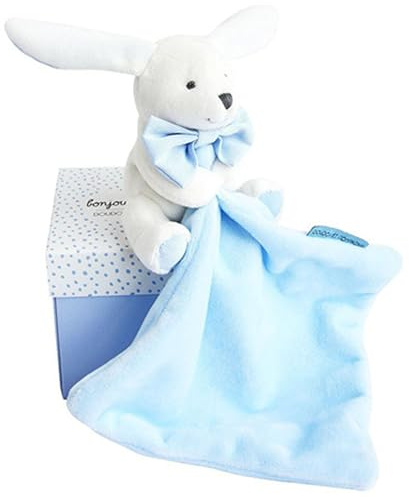Doudou et Compagnie - Doudou Lapin Mouchoir - Boîte en Forme de Fleur - Bleu - Idée Cadeau de Naissance Fille et Garçon - Garantie Doudou Perdu - DC3338