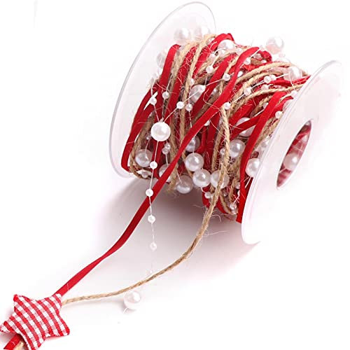 Cinta de navidad Cadena de perlas, Cadena de estrella roja y hilo de yute Cadena de 3 cuerdas Cinta en 1 rollo para la decoración del árbol de Navidad Decoración de la boda de bricolaje Paquete