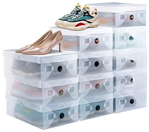 PERFETSELL, 12 cajas de zapatos apilables de almacenamiento de caja de zapatos de plástico transpirable sólido transparente con puerta frontal, 28 x 18 x 9,5 cm para zapatillas bis tamaño 39