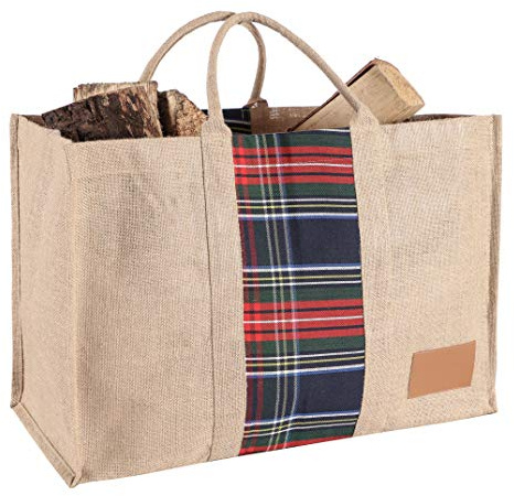 Heavy Duty Natural Jute Canvas Kindling Wood Log Carrier Bag (Beige Tartan) | Log Bag, Log Carrier, Kindling Basket, Carrying Handles, Waterproof, Tartan, Hessian, Jute