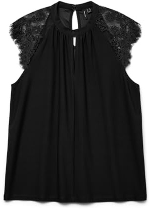 Vero Moda Top Femenino sin Mangas de Encaje Adornado, Negro, L