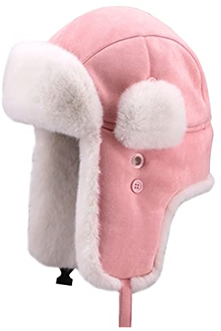 Heavyoff Erwachsene Kinder Wildleder Fliegermütze Kunstfell Wintermütze mit Ohrenklappen Warme Fellmütze Rosa Groß