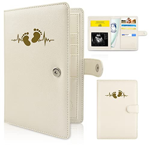 Mutterpasshülle Leder, Mutterpass Organizer Mit Magnetverschluss, Mutterpass Schutzhülle mit Fächern zur Aufbewahrung von Ultraschallbildern und Impfpass usw, Geschenke für Schwangere（Creme Fuß）