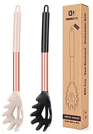 Confezione da 2 forchette per pasta in silicone, resistenti al calore, senza BPA, ottimi strumenti di cottura (FB-109-RG-BK)