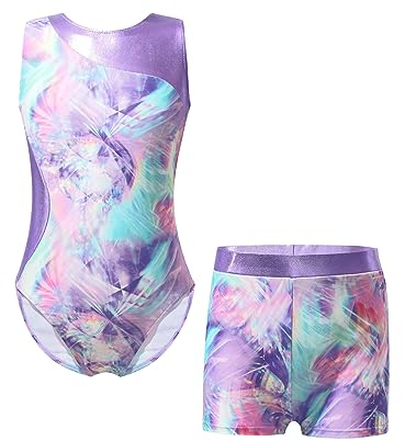 YiZYiF Flicka gymnastikdräkt glänsande gymnastik leotards balett jersey dans body med shorts korta byxor sport overall yoga set konkurrens danskostym, A_färgglad skugga, 134-140/9-10 Jahre