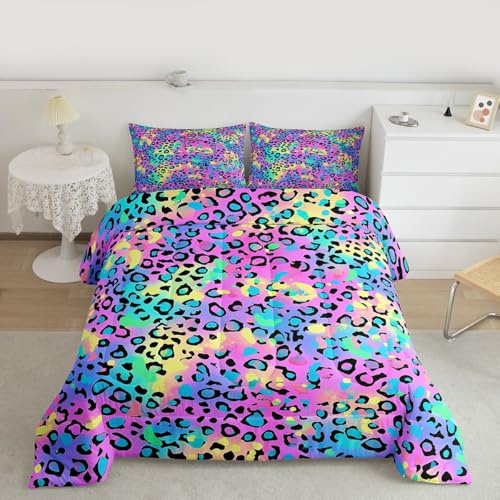 Feelyou Leopard Bedding Comforter Set Tie Dye Leopard Grain Printed Quilt Bedding Set Full Size with 1 Comforter 2 Pillowcases for Kids All Season Boys