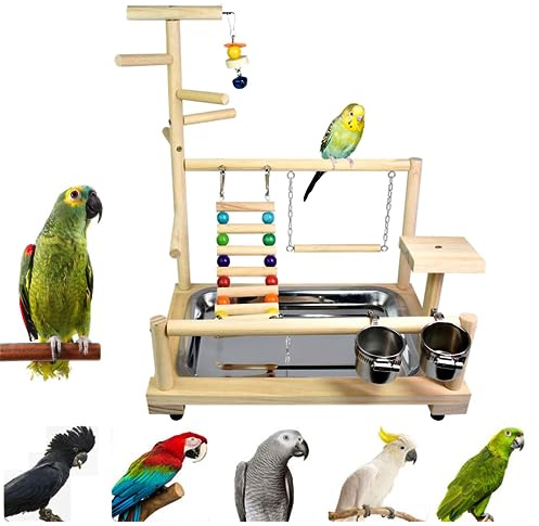 AFGSsm Bird Playground, Parrot playstand, Bird Play Stand, Parakeet Playground, Wood Perch Gym Playpen Ladder with Feeder Cups Toys Exercise Play